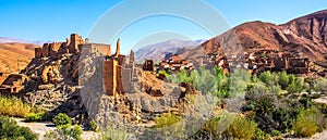 Amazing view of a Kasbah`s ruin on the way to Kasbah Ait Ben Haddou near Ouarzazate in the Atlas Mountains of Morocco. Artistic photo