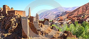 Amazing view of a Kasbah`s ruin on the way to Kasbah Ait Ben Haddou near Ouarzazate in the Atlas Mountains of Morocco. Artistic