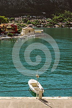 Amazing view of Kotor and yacht marina, Montenegro. Beautiful cloudy sky. Travel destination in Montenegro