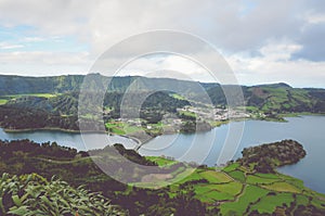 Amazing view of the Lagoa Azul and village Sete Cidades from the Miradouro do Cerrado das Freiras viewpoint in Azores