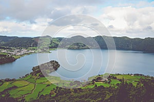 Amazing view of the Lagoa Azul and village Sete Cidades from the Miradouro do Cerrado das Freiras viewpoint in Azores