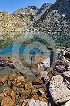 Amazing view of Lake and reflection of Preokorets Popova Kapa peak, Rila Mountain