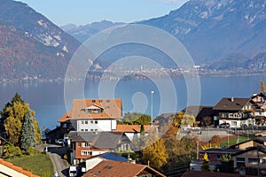Amazing view of Lake Thun and typical Switzerland village near town of Interlaken
