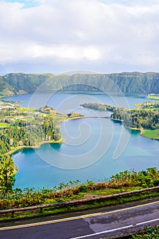 Amazing view of the lakes Sete Cidades photographed from the Vista do Rei Viewpoint in San Miguel Island, Azores, Portugal. Blue