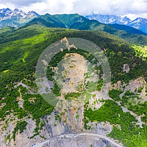 Amazing view of the landslide on a mountain road. The road from Mestia to Zugdidi was blocked by an rockfall. Road