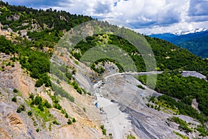 Amazing view of the landslide on a mountain road. The road from Mestia to Zugdidi was blocked by an rockfall. Road