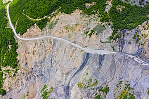 Amazing view of the landslide on a mountain road. The road from Mestia to Zugdidi was blocked by an rockfall. Road