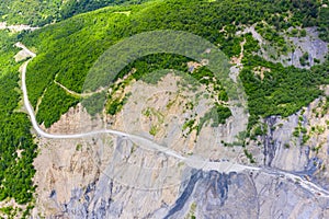 Amazing view of the landslide on a mountain road. The road from Mestia to Zugdidi was blocked by an rockfall. Road