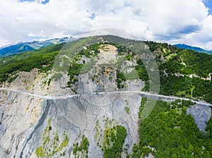 Amazing view of the landslide on a mountain road. The road from Mestia to Zugdidi was blocked by an rockfall. Road