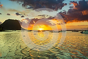 Amazing view of Le Morne Brabant at sunset.Mauritius.