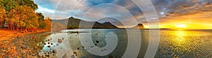 Amazing view of Le Morne Brabant at sunset. Mauritius. Panorama photo