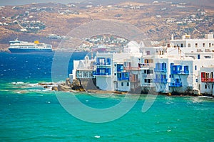 Amazing view of Little Venice the most popular attraction in Mykonos Island Greece