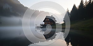 amazing view of lonely house near the Mountain Lake