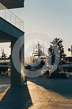 Amazing view of a marina and boats in Porto Montenegro on a sunset. Travel destination in Montenegro