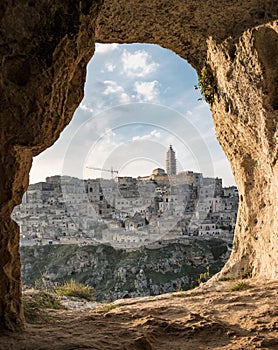 View of Matera from a cave, Italy photo