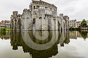 Amazing view of the medieval castle the Gravensteen Castle of the Counts surrounded by water