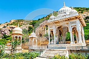 Amazing view of memorial grounds to Maharaja Sawai Mansingh II and family constructed of marble. Gatore Ki Chhatriyan, Jaipur, photo