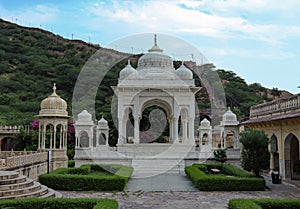 Amazing view of memorial grounds to Maharaja Sawai Mansingh II and family constructed of marble. Gatore Ki Chhatriyan, Jaipur,