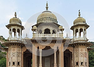 Amazing view of memorial grounds to Maharaja Sawai Mansingh II and family constructed of marble. Gatore Ki Chhatriyan, Jaipur,