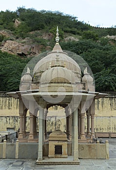 Amazing view of memorial grounds to Maharaja Sawai Mansingh II and family constructed of marble. Gatore Ki Chhatriyan, Jaipur,