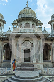 Amazing view of memorial grounds to Maharaja Sawai Mansingh II and family constructed of marble. Gatore Ki Chhatriyan, Jaipur,