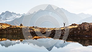 Amazing view on Monte Bianco mountains range with tourist on a foreground