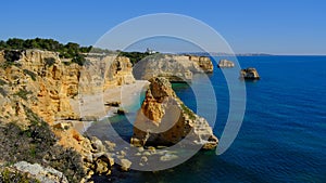 Amazing view of the most famous Marinha beach in Algarve, Portugal