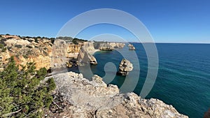 Amazing view of the most famous Marinha beach in Algarve, Portugal