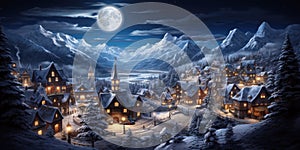 Amazing view of mountain village at Christmas night, ski resort in evening lights. Landscape with snow, moon and sky in winter.