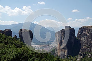 Amazing view of the mountains, the monastery of the Holy Trinity and the village of Kalambaka in Meteora, Greece