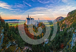 Amazing view on Neuschwanstein Castle at autumn evening, Bavaria, Germany