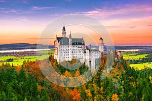 Amazing view on Neuschwanstein Castle at autumn evening, Bavaria, Germany