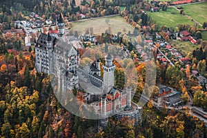 Amazing view of Neuschwanstein and Hohenschwangau castles in the autumn season at sunset. Fussen. Bavaria, Germany.