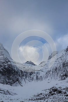 amazing view from nusfjordveien road to glacier bjorntinden sautinden