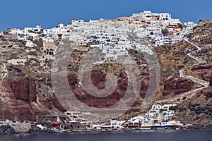 Amazing view of port of Oia town, Santorini island, Greece