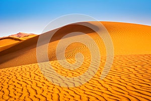 Amazing view of sand dunes in the Sahara Desert. Location: Sahara Desert, Merzouga, Morocco. Artistic picture. Beauty world.