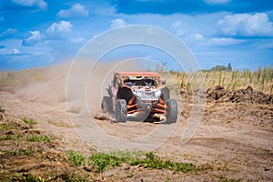 Amazing view on sandy active UTV. Extreme ride on 4x4