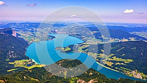 Amazing view from Schafberg by St. Sankt Wolfgang im in Salzkammergut, Haus house Schafbergspitze, lake Mondsee, Moonlake. Blue