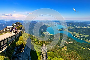 Amazing view from Schafberg by St. Sankt Wolfgang im in Salzkammergut, Haus house Schafbergspitze, lake Mondsee, Moonlake. Blue