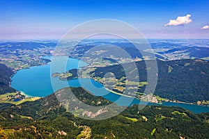 Amazing view from Schafberg by St. Sankt Wolfgang im in Salzkammergut, Haus house Schafbergspitze, lake Mondsee, Moonlake. Blue