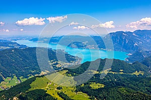 Amazing view from Schafberg by St. Sankt Wolfgang im in Salzkammergut, Haus house Schafbergspitze, lake Mondsee, Moonlake. Blue