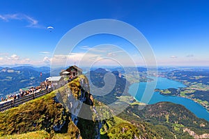 Amazing view from Schafberg by St. Sankt Wolfgang im in Salzkammergut, Haus house Schafbergspitze, lake Mondsee, Moonlake. Blue