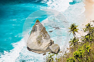Amazing view of a secret beach with palms and rock in Nusa Penida, Bali, Indonesia.