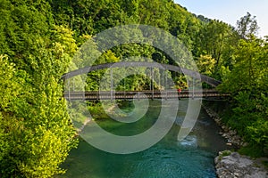 Amazing view of the Serio river and old bridge photo