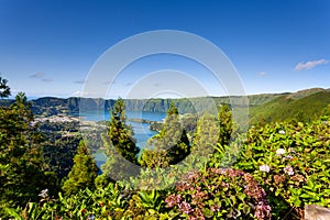Amazing view of the Sete Cidades lagoon in the Azores, Portugal.