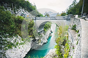 Amazing view of Soca river and Napoleon`s bridge near Kobarid Caporetto Slovenia.