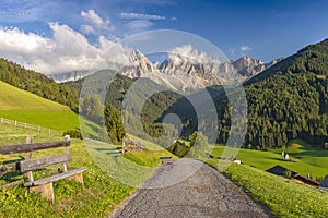 Amazing view of St. Magdalena village, Funes Valley Villnob with Odle Group mountains on background, Dolomiti Alps, Bolzano,