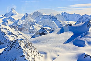 Amazing view of swiss famous moutains in beautiful winter snow. photo