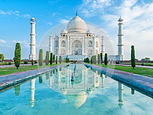 Amazing view on the Taj Mahal in sunset light. Agra, India.