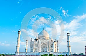 Amazing view on the Taj Mahal in sunset light. The Taj Mahal is an ivory-white marble mausoleum on the south bank of the Yamuna